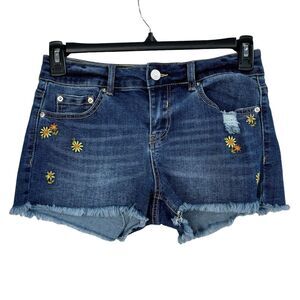 Forever 21 SZ 29 Jean Shorts Floral Embroidery Distressed Frayed Mid-Rise Blue
